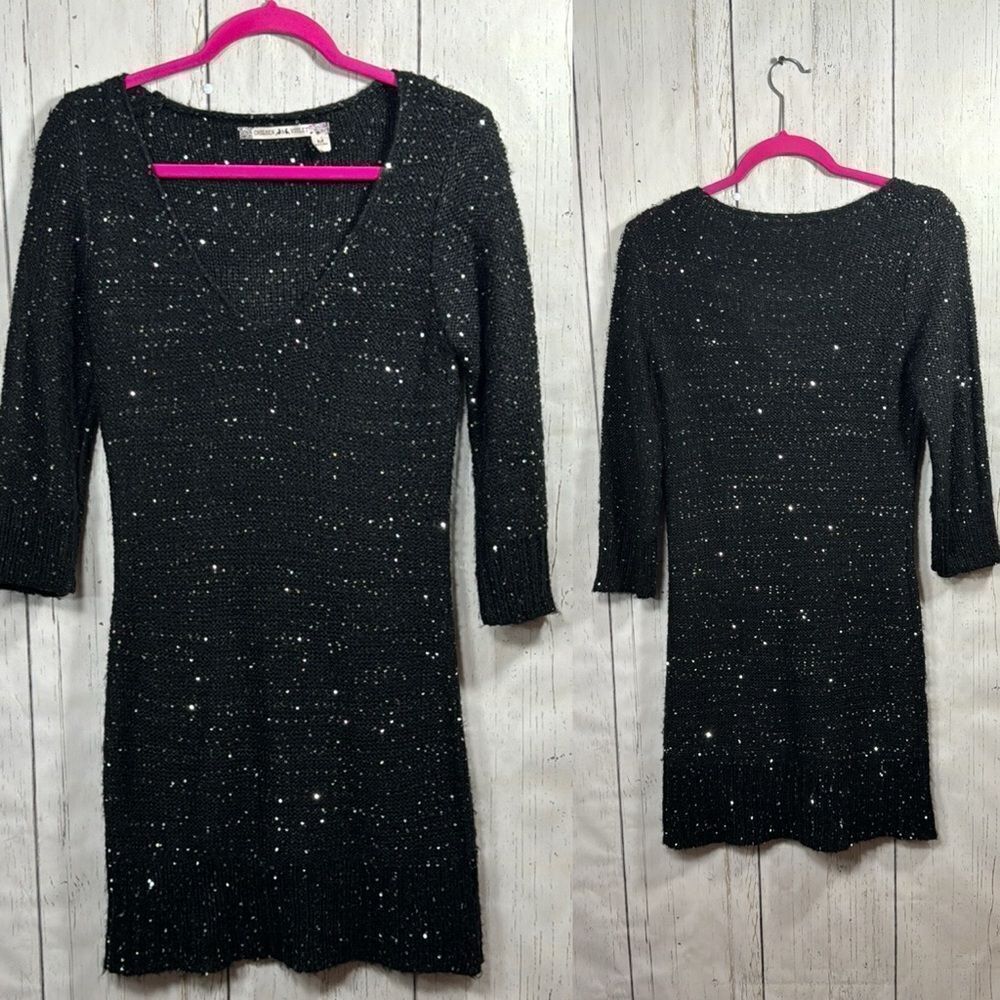 Chelsea & Violet Black Sequins Party V Neck 3/4 Sleeve Sweater Mini Dress